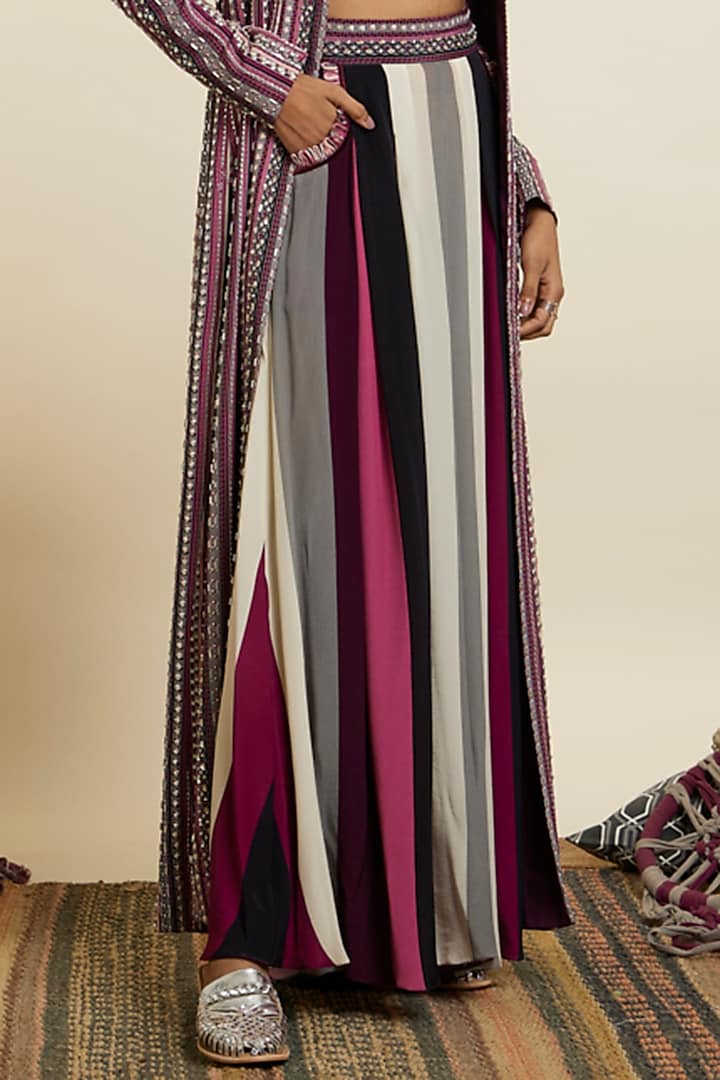 Merlot Crepe Embellished & Stripe Printed Jacket Set by SVA BY SONAM & PARAS MODI at Pernia's Pop Up Shop