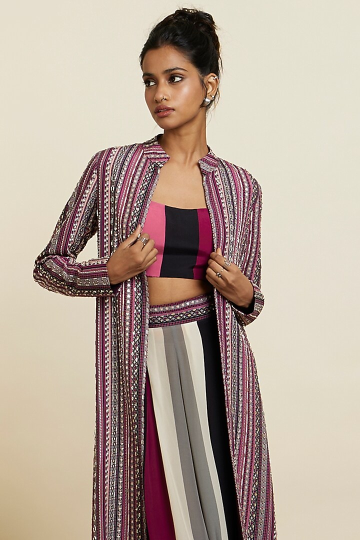 Merlot Crepe Embellished & Stripe Printed Jacket Set by SVA BY SONAM & PARAS MODI at Pernia's Pop Up Shop