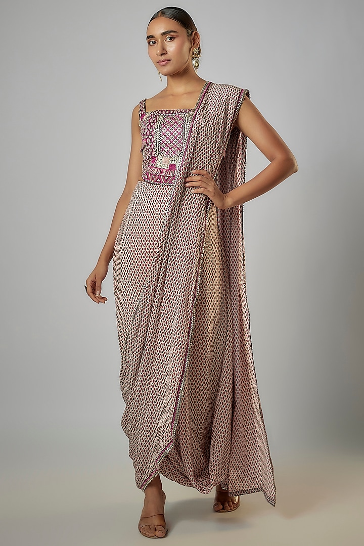 Merlot Crepe Geometric Printed Draped Skirt Set by SVA BY SONAM & PARAS MODI