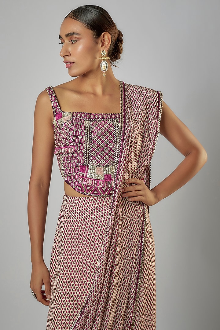 Merlot Crepe Geometric Printed Draped Skirt Set by SVA BY SONAM & PARAS MODI at Pernia's Pop Up Shop