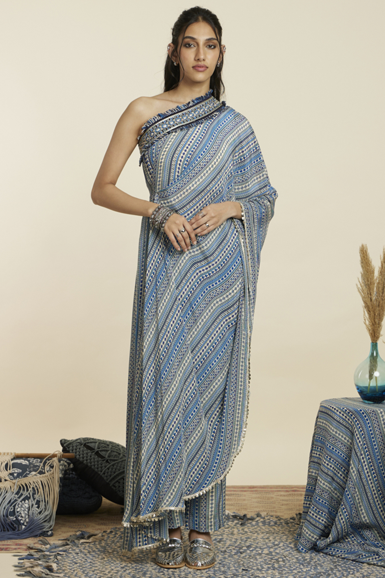 Blue Crepe Stripe Printed One-Shoulder Wedding Saree Set by SVA BY SONAM & PARAS MODI at Pernia's Pop Up Shop