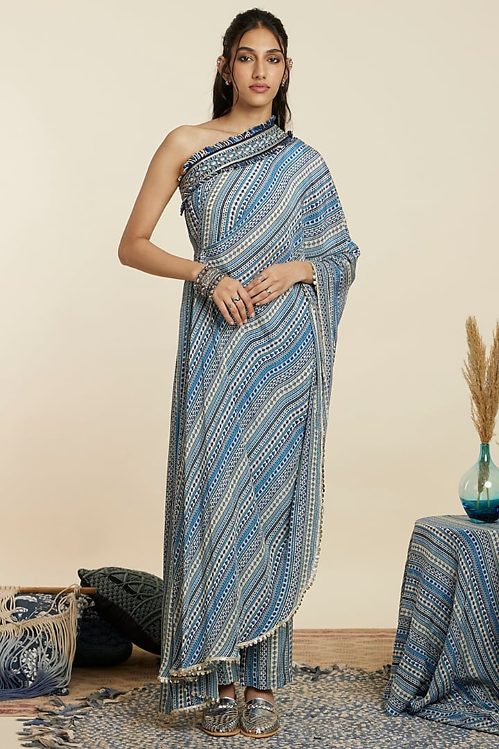 Blue Crepe Stripe Printed One-Shoulder Wedding Saree Set by SVA BY SONAM & PARAS MODI at Pernia's Pop Up Shop