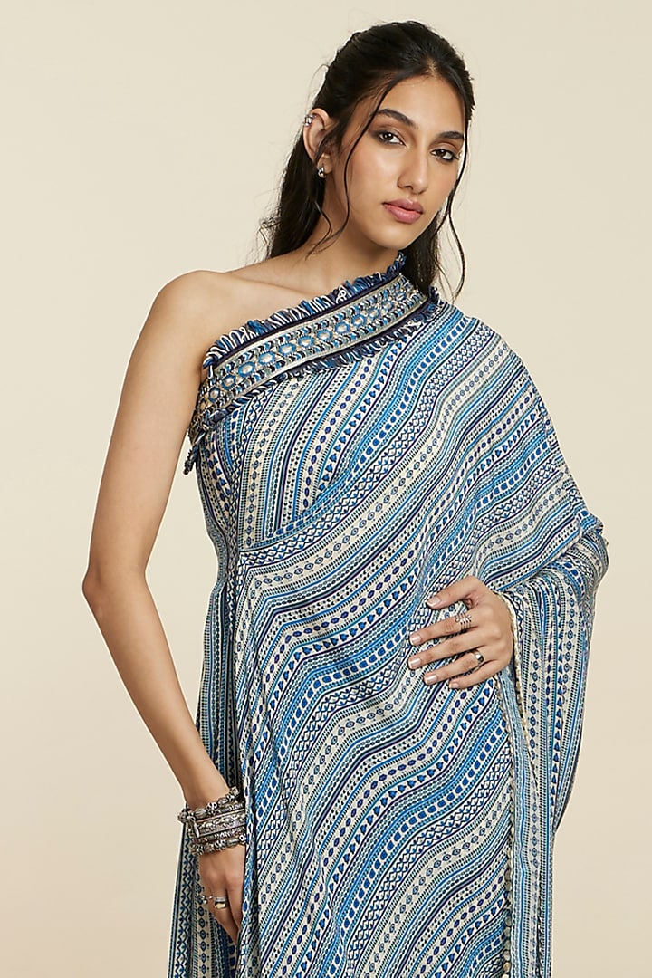 Blue Crepe Stripe Printed One-Shoulder Wedding Saree Set by SVA BY SONAM & PARAS MODI at Pernia's Pop Up Shop
