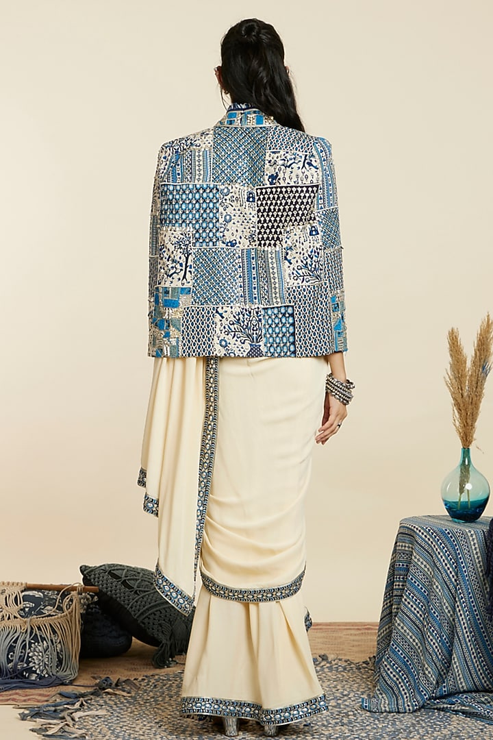 Beige & Blue Crepe Printed Jacket Reception Saree Set by SVA BY SONAM & PARAS MODI at Pernia's Pop Up Shop