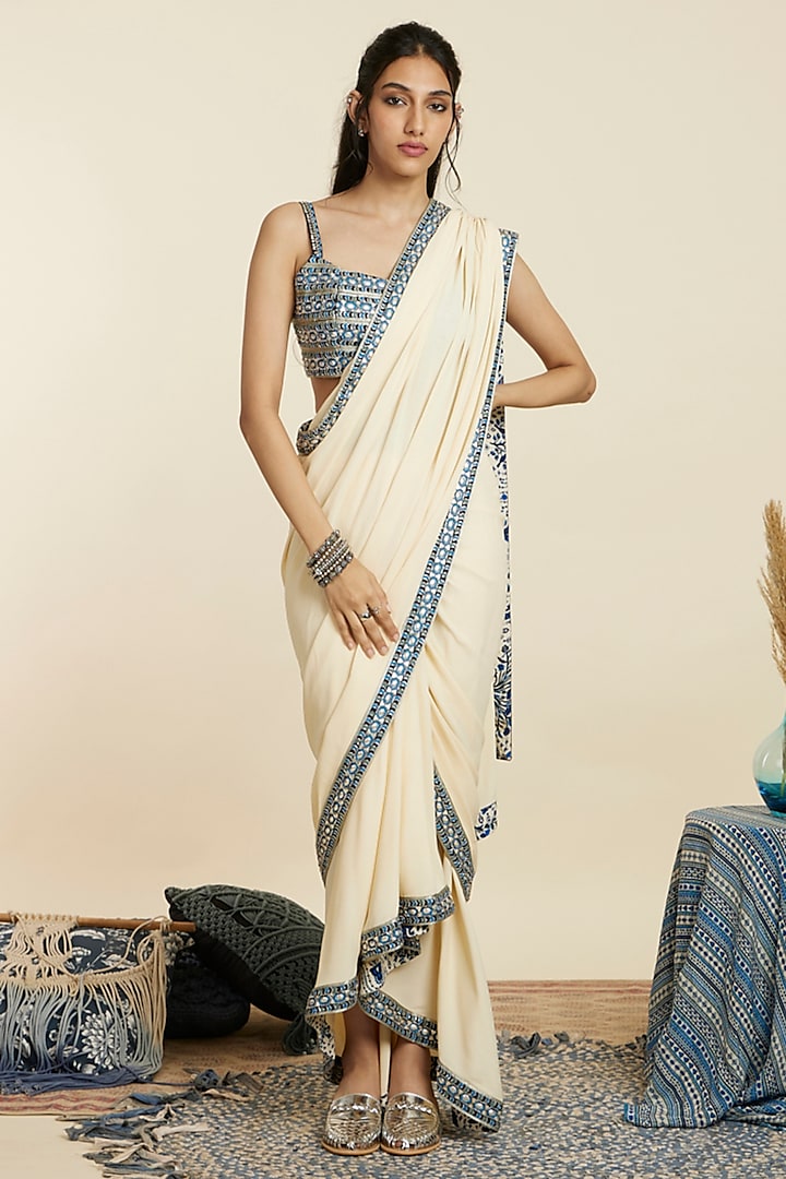 Beige Crepe Printed Saree Set by SVA BY SONAM & PARAS MODI at Pernia's Pop Up Shop