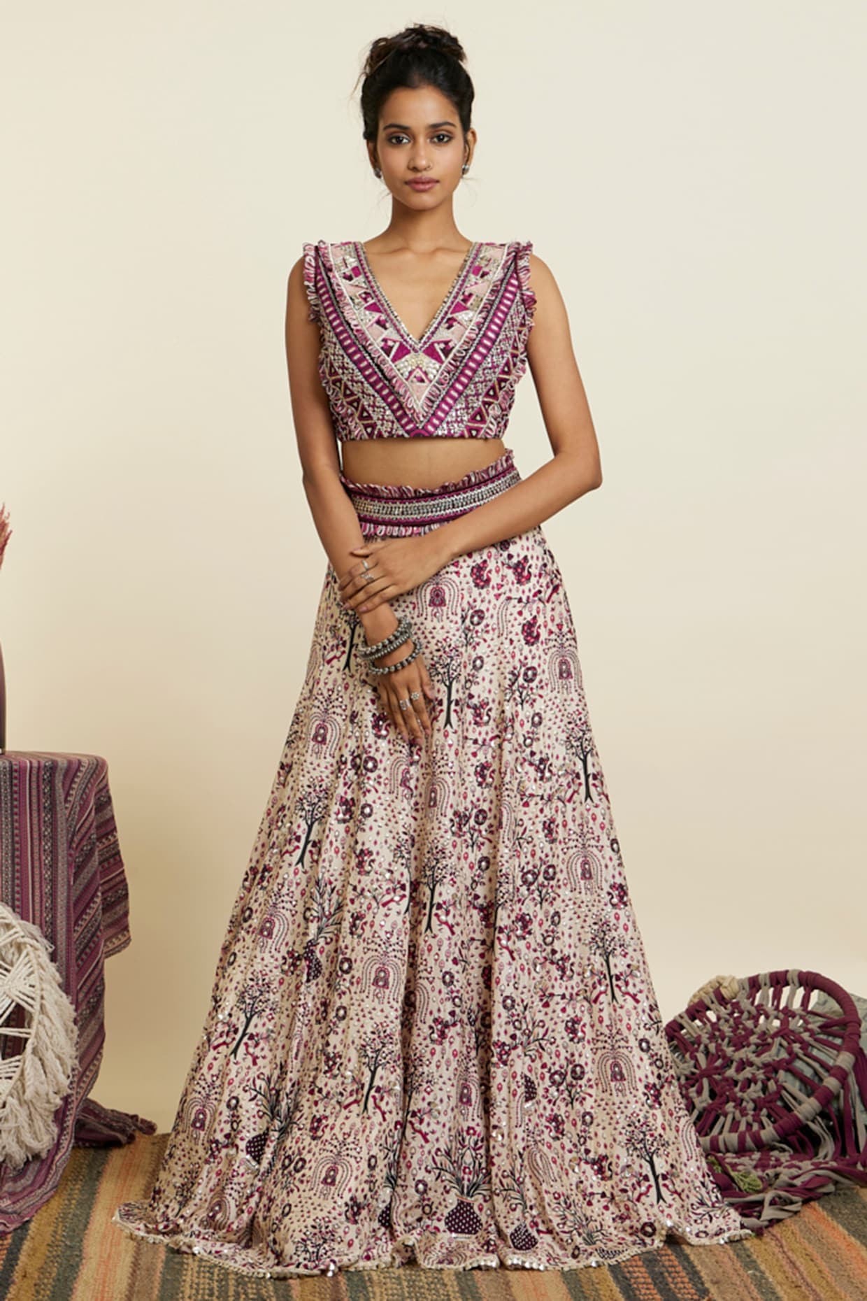 Cotton Silk Cinnamon Brown Block printed Lehenga With embroidered Crop –  Heritage India Fashions