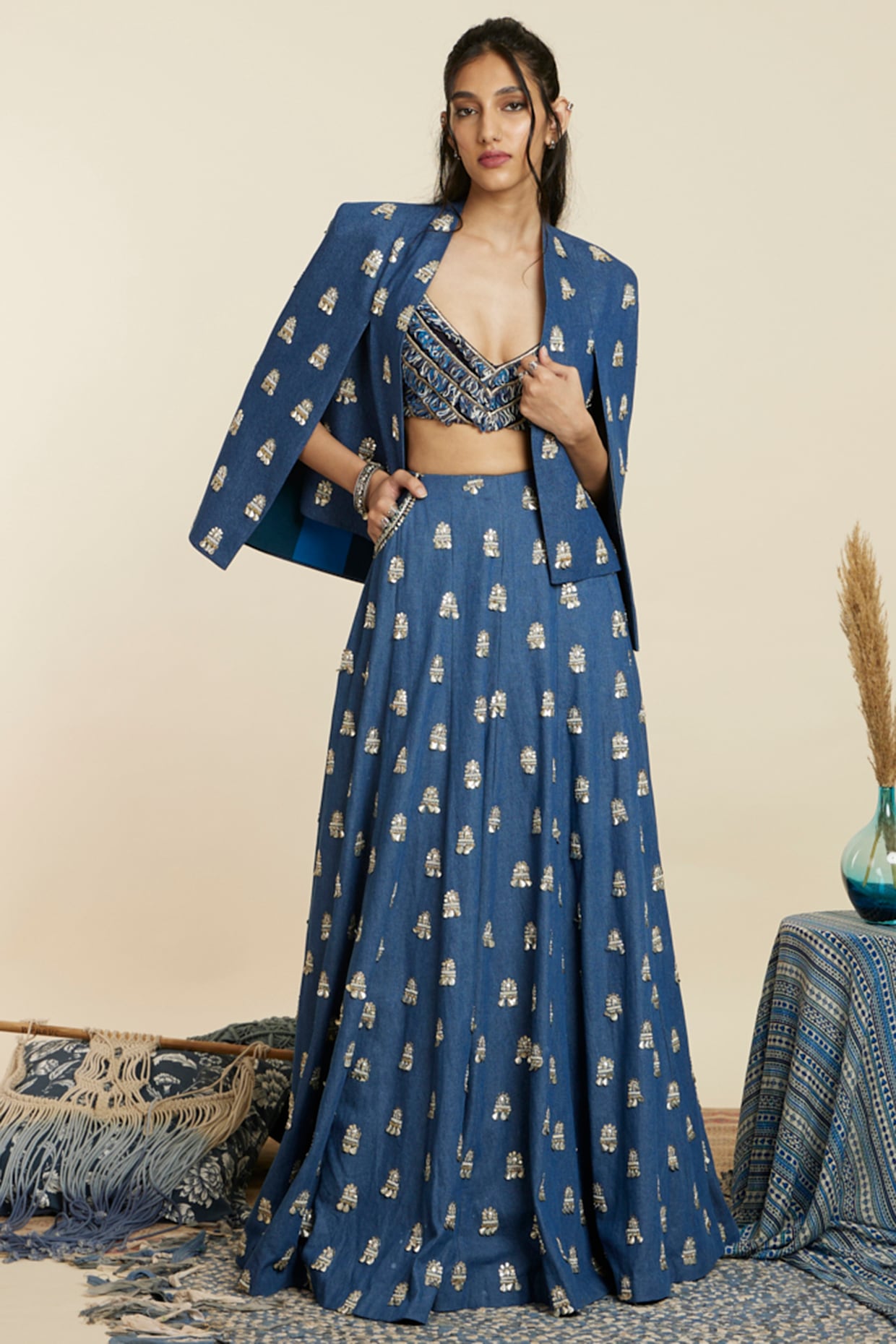 Buy Chic Blue Lehenga Set With Mirror Embroidered Jacket KALKI Fashion India