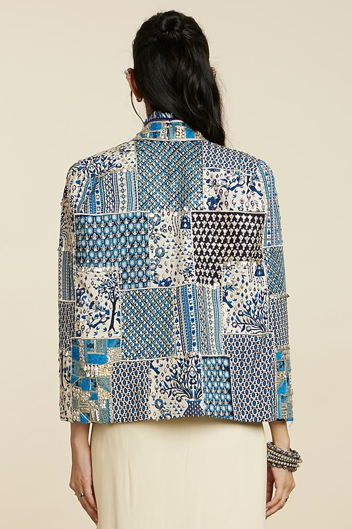 Blue Silk Patchwork Jacket by SVA BY SONAM & PARAS MODI at Pernia's Pop Up Shop