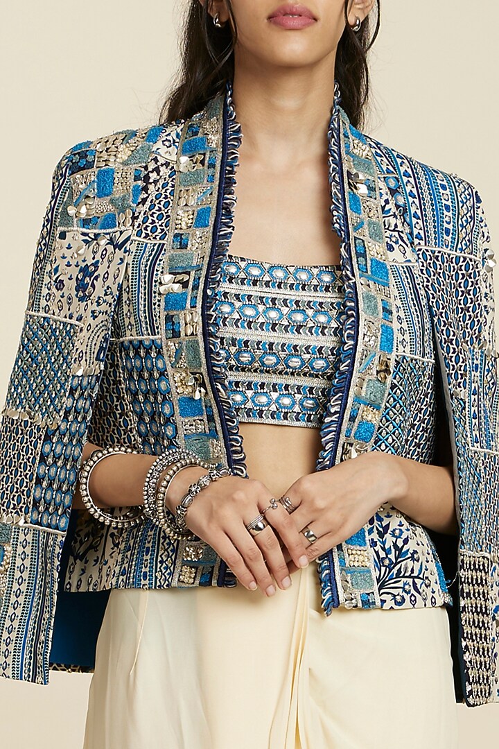 Blue Silk Patchwork Jacket by SVA BY SONAM & PARAS MODI at Pernia's Pop Up Shop