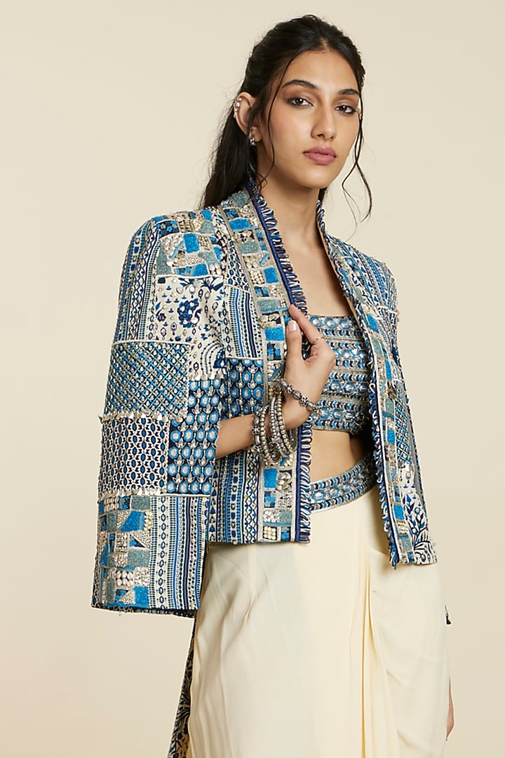 Blue Silk Patchwork Jacket by SVA BY SONAM & PARAS MODI at Pernia's Pop Up Shop