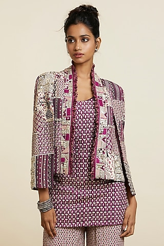 Merlot Silk Patchwork Jacket by SVA BY SONAM & PARAS MODI