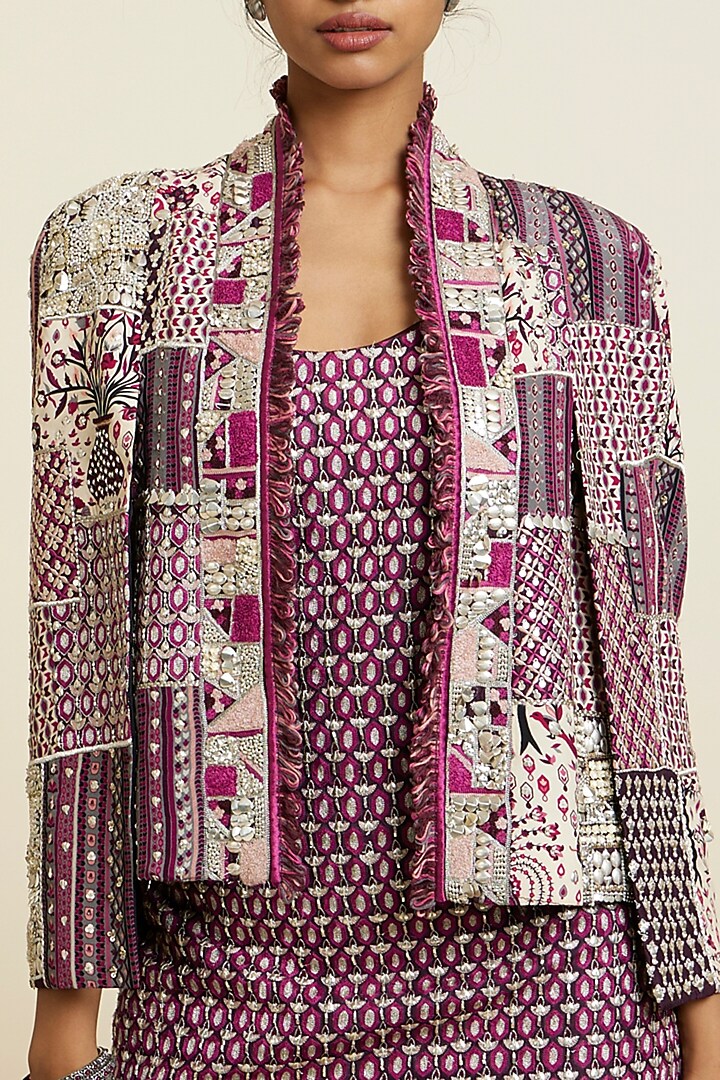 Merlot Silk Patchwork Jacket by SVA BY SONAM & PARAS MODI at Pernia's Pop Up Shop