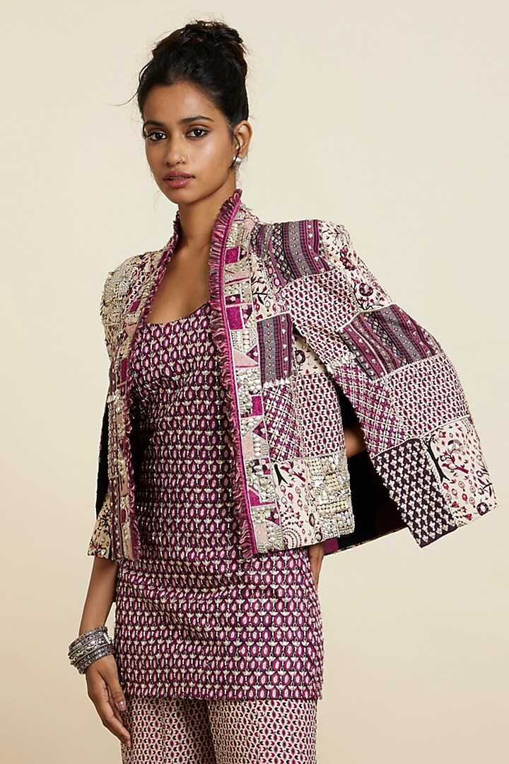 Merlot Silk Patchwork Jacket by SVA BY SONAM & PARAS MODI at Pernia's Pop Up Shop
