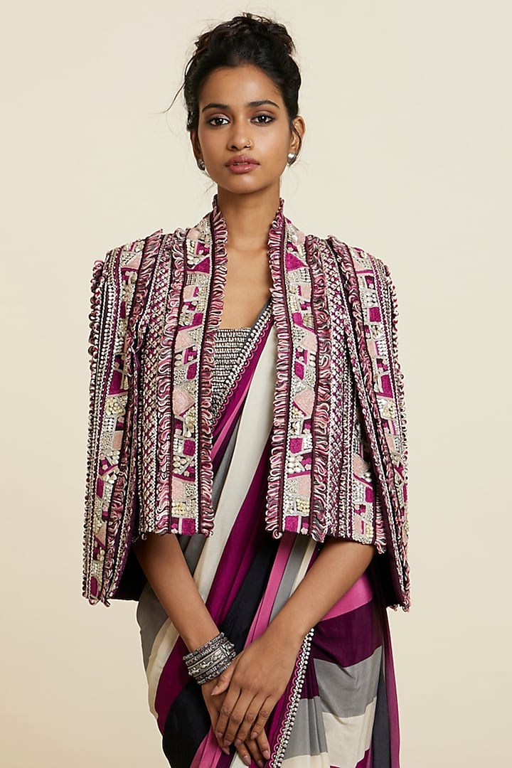 Merlot Silk Abstract Jacket by SVA BY SONAM & PARAS MODI