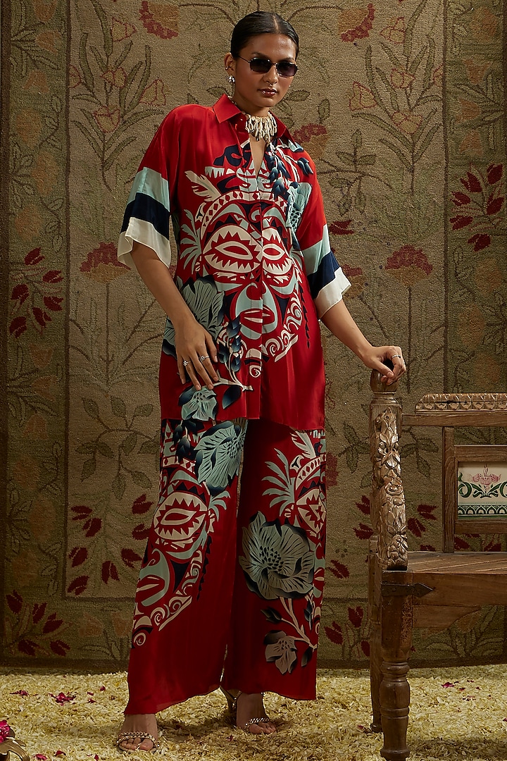 Red Crepe Printed Co-Ord Set by SVA BY SONAM & PARAS MODI at Pernia's Pop Up Shop