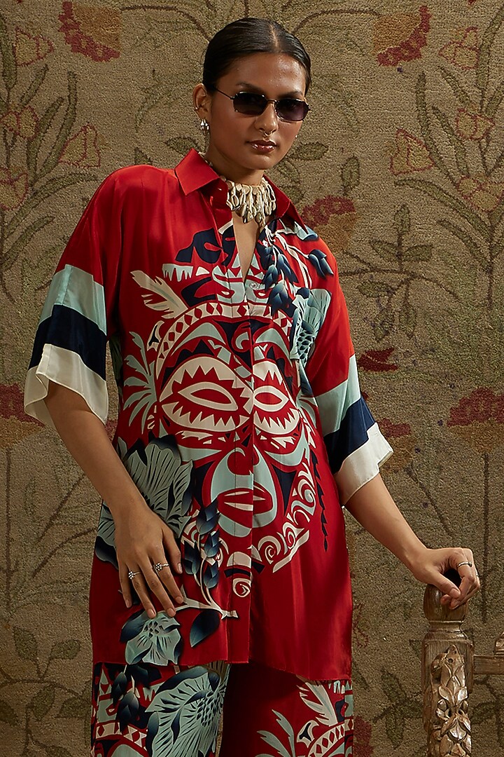 Red Crepe Printed Co-Ord Set by SVA BY SONAM & PARAS MODI at Pernia's Pop Up Shop