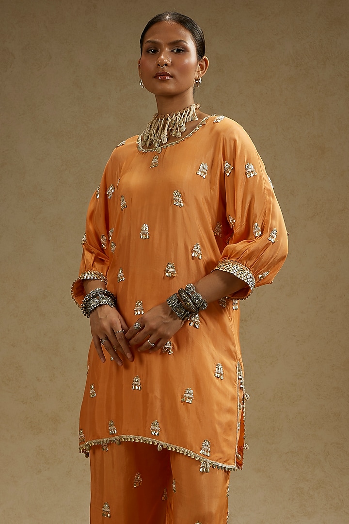 Orange Silk Embellished Tunic Set by SVA BY SONAM & PARAS MODI at Pernia's Pop Up Shop
