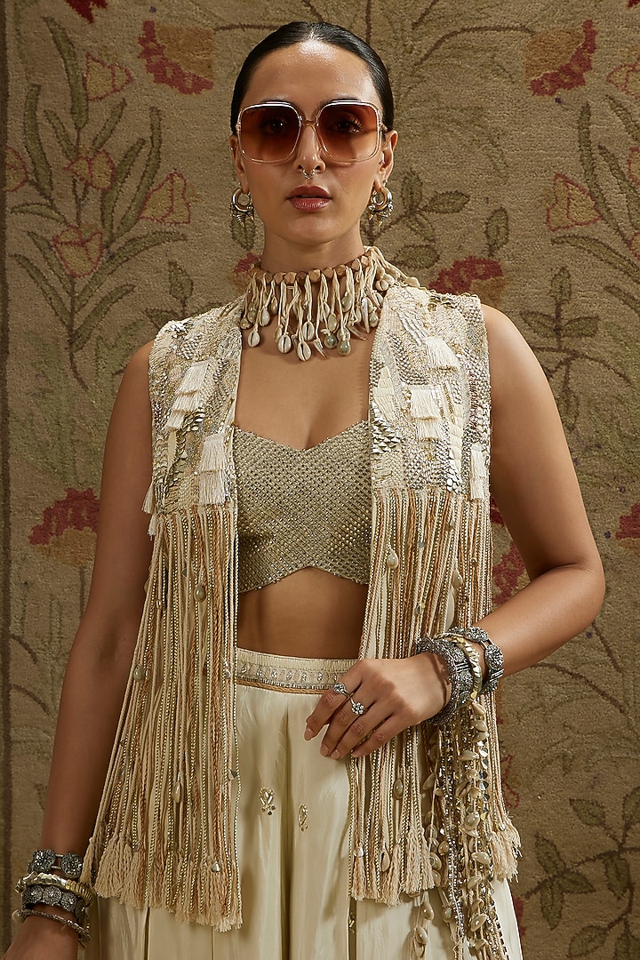Magnolia Cream Silk Threadwork Jacket Set by SVA BY SONAM & PARAS MODI at Pernia's Pop Up Shop