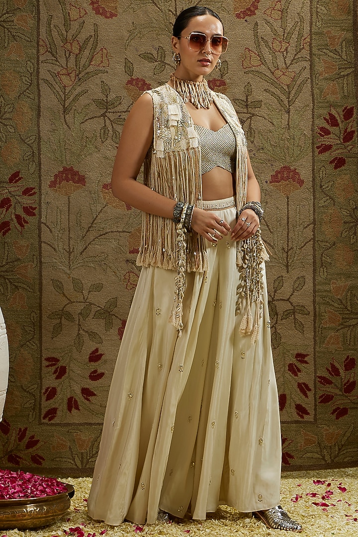 Magnolia Cream Silk Threadwork Jacket Set by SVA BY SONAM & PARAS MODI at Pernia's Pop Up Shop