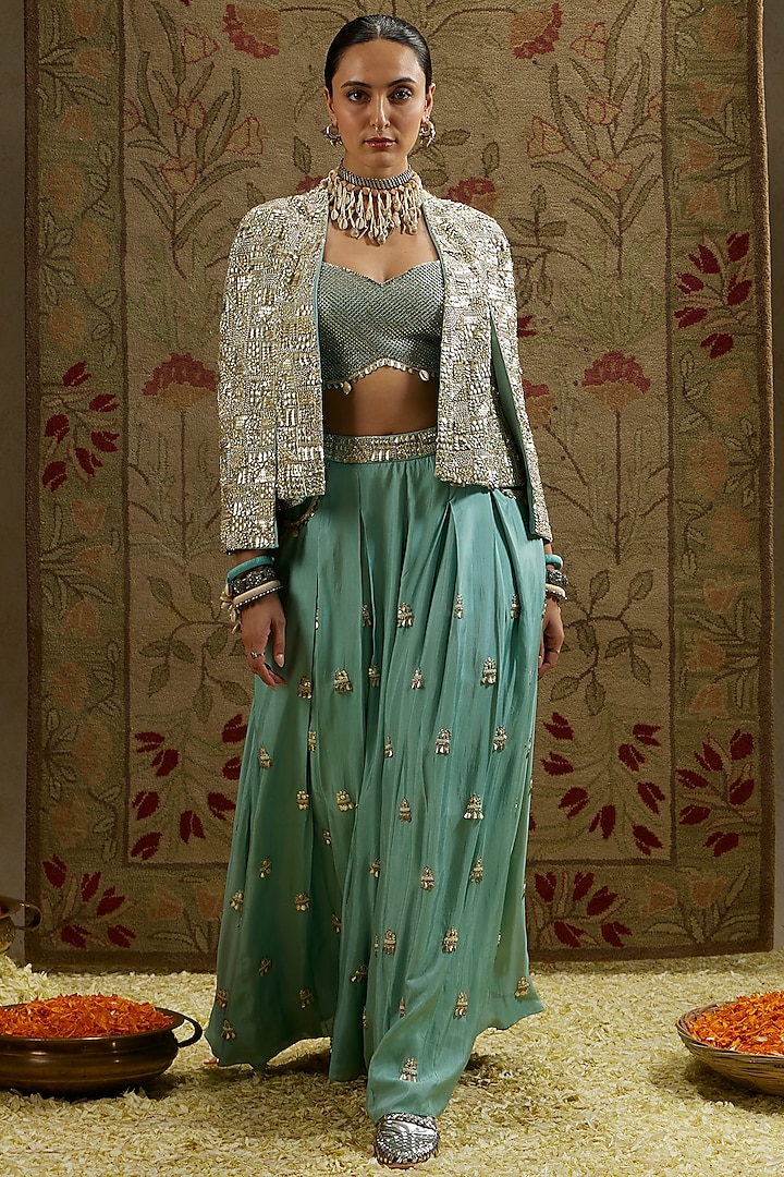 Blue Silk Metallic Embellished Cape Set by SVA BY SONAM & PARAS MODI at Pernia's Pop Up Shop