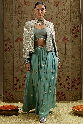 Blue Silk Metallic Embellished Cape Set by SVA BY SONAM & PARAS MODI
