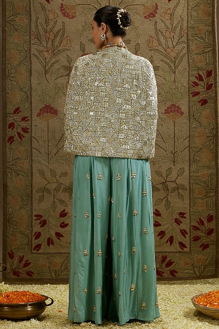 Blue Silk Metallic Embellished Cape Set by SVA BY SONAM & PARAS MODI at Pernia's Pop Up Shop