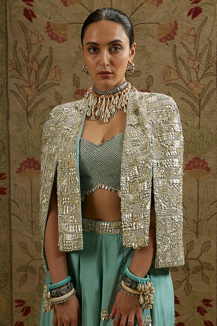 Blue Silk Metallic Embellished Cape Set by SVA BY SONAM & PARAS MODI at Pernia's Pop Up Shop