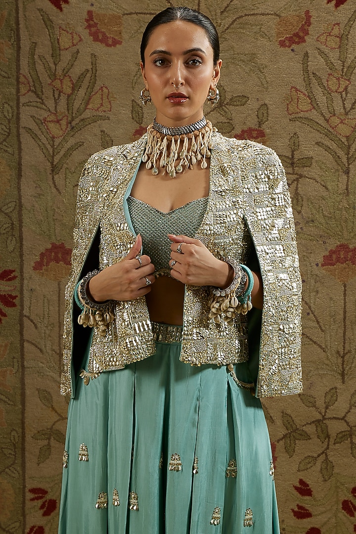 Blue Silk Metallic Embellished Cape Set by SVA BY SONAM & PARAS MODI at Pernia's Pop Up Shop