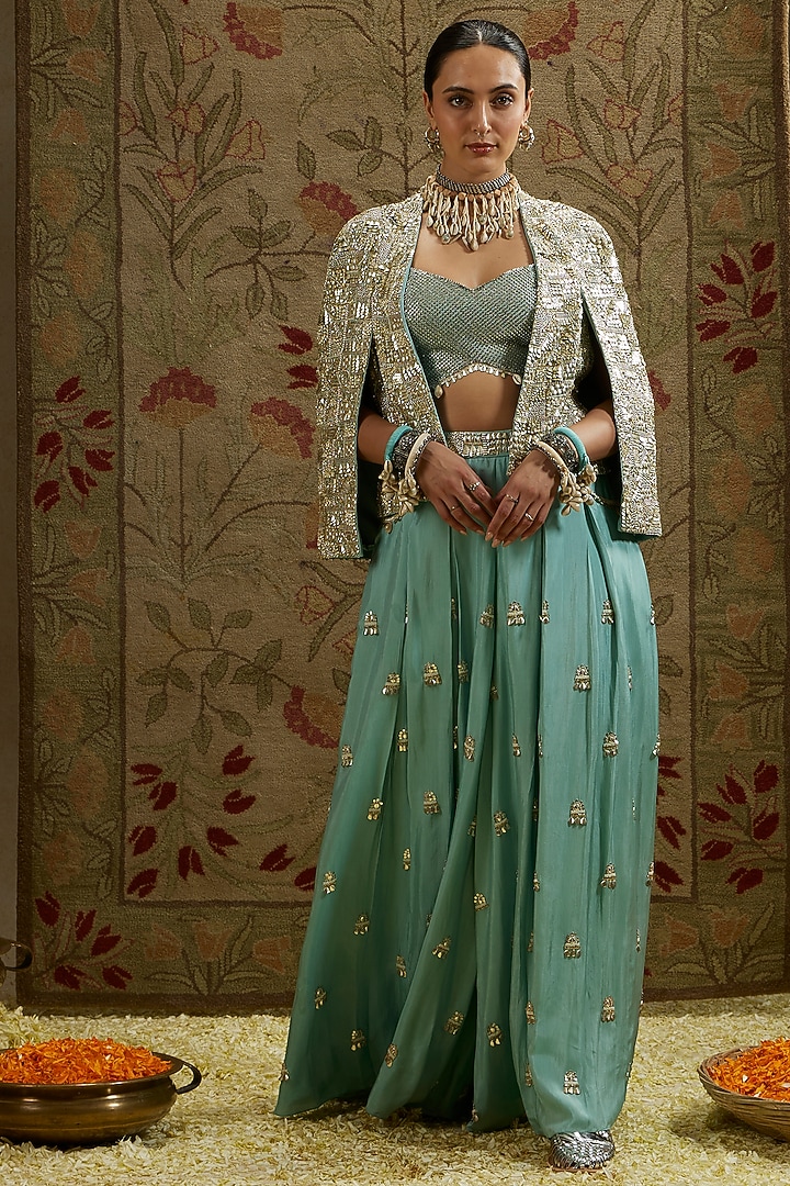Blue Silk Metallic Embellished Cape Set by SVA BY SONAM & PARAS MODI at Pernia's Pop Up Shop