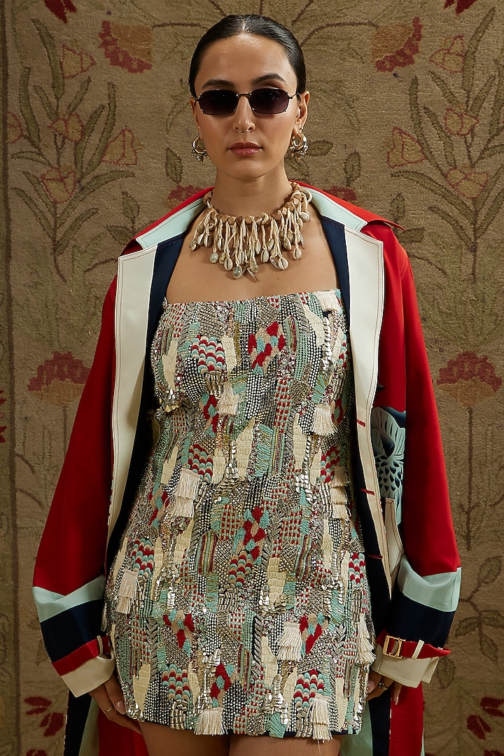 Multi-Colored Silk Embellished Mini Party Wear Dress by SVA BY SONAM & PARAS MODI at Pernia's Pop Up Shop