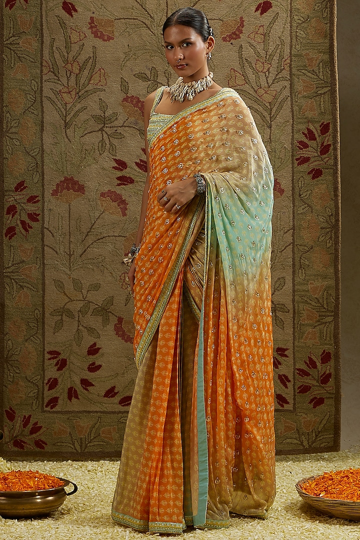 Orange & Blue Crepe Embellished Saree Set by SVA BY SONAM & PARAS MODI at Pernia's Pop Up Shop