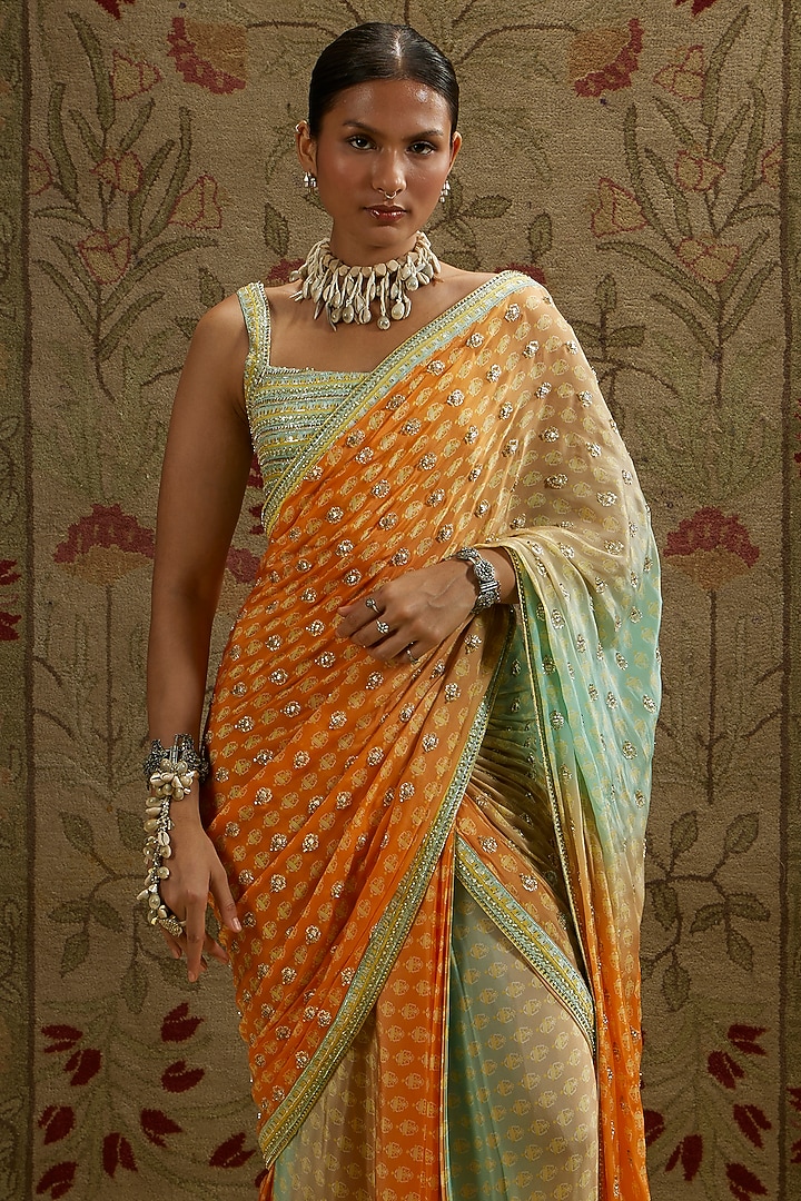 Orange & Blue Crepe Embellished Reception Saree Set by SVA BY SONAM & PARAS MODI at Pernia's Pop Up Shop