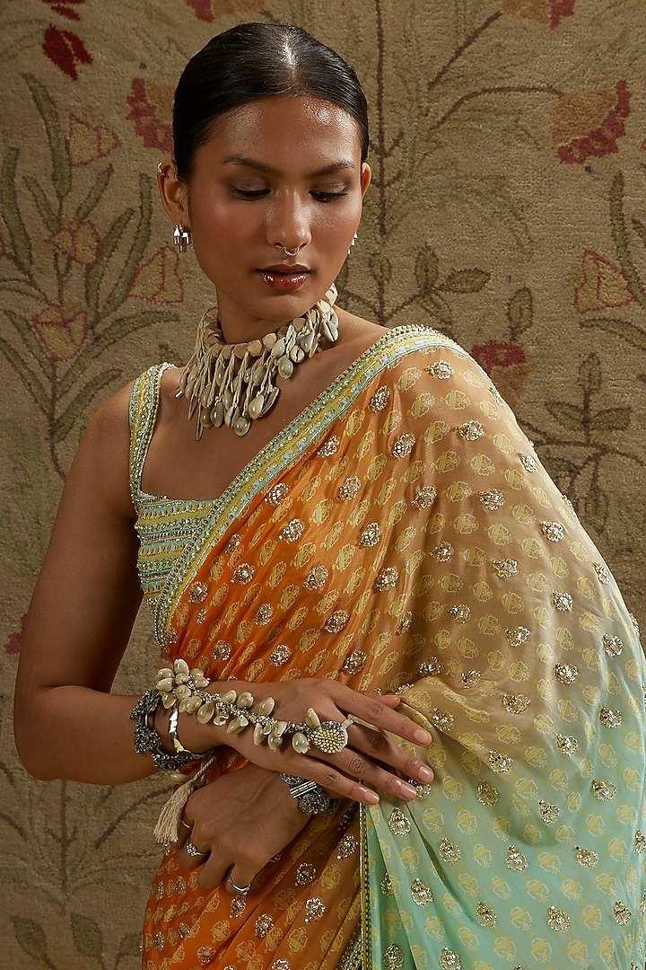 Orange & Blue Crepe Embellished Reception Saree Set by SVA BY SONAM & PARAS MODI at Pernia's Pop Up Shop