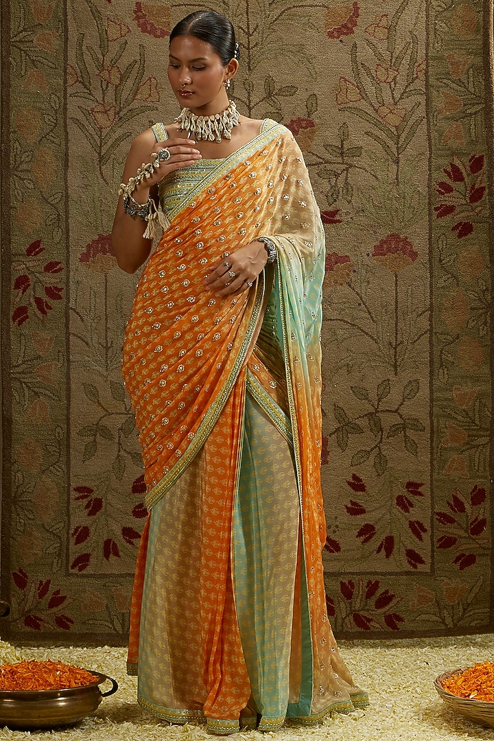 Orange & Blue Crepe Embellished Reception Saree Set by SVA BY SONAM & PARAS MODI at Pernia's Pop Up Shop