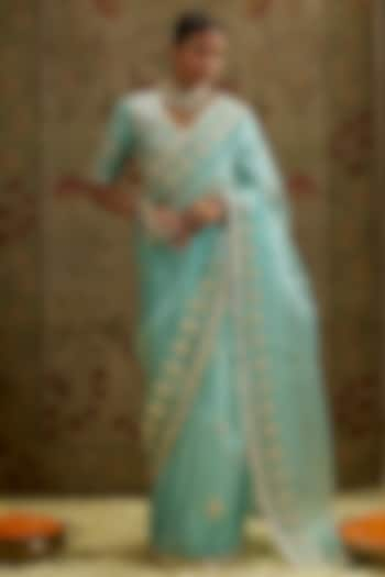 Blue Organza Embellished Saree Set by SVA BY SONAM & PARAS MODI at Pernia's Pop Up Shop