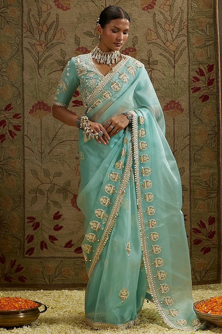 Blue Organza Embellished Saree Set by SVA BY SONAM & PARAS MODI at Pernia's Pop Up Shop