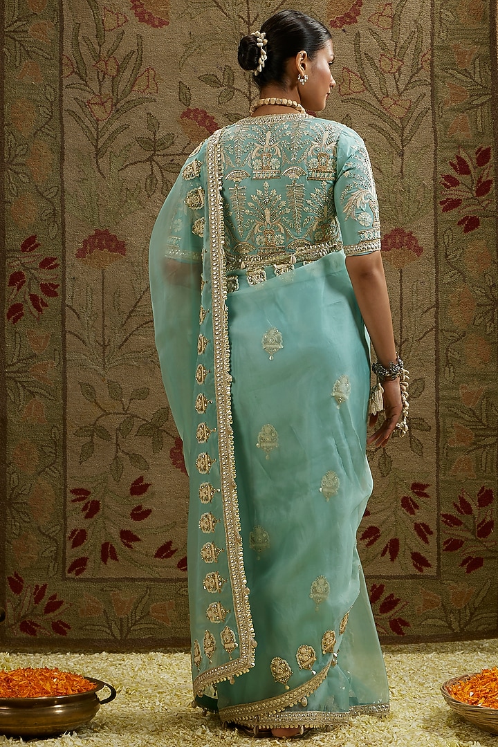 Blue Organza Embellished Reception Saree Set by SVA BY SONAM & PARAS MODI at Pernia's Pop Up Shop