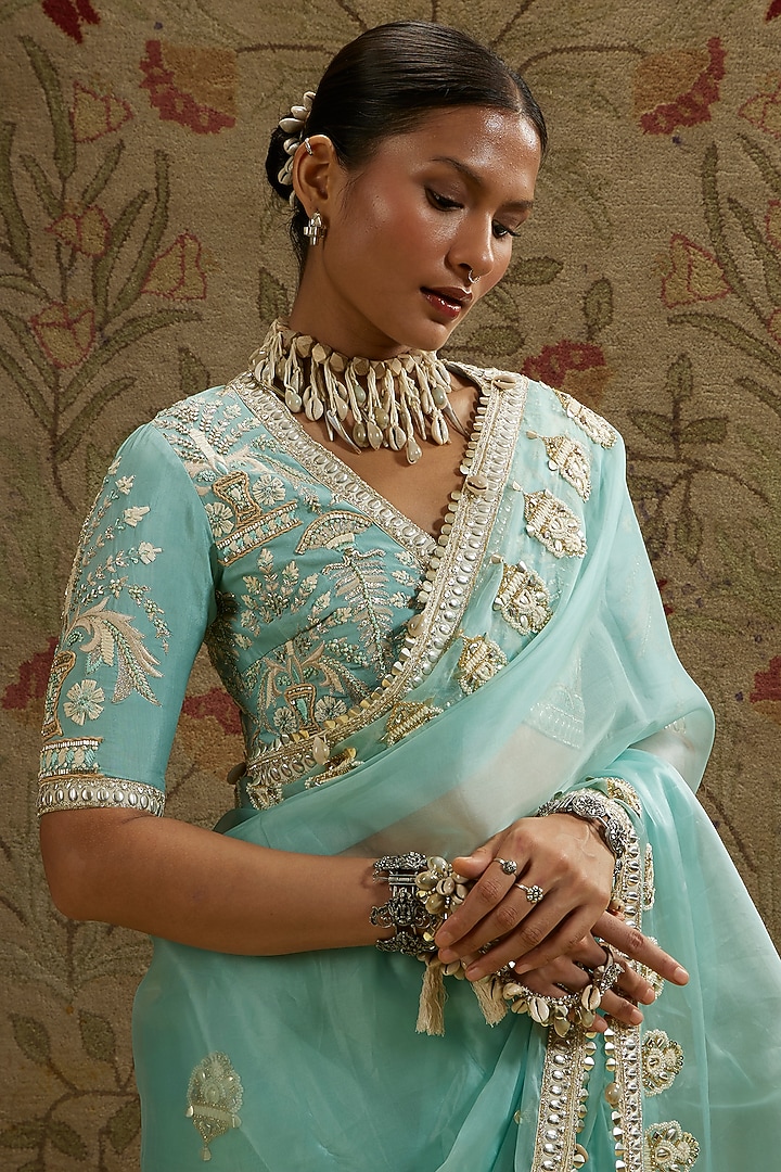Blue Organza Embellished Reception Saree Set by SVA BY SONAM & PARAS MODI at Pernia's Pop Up Shop