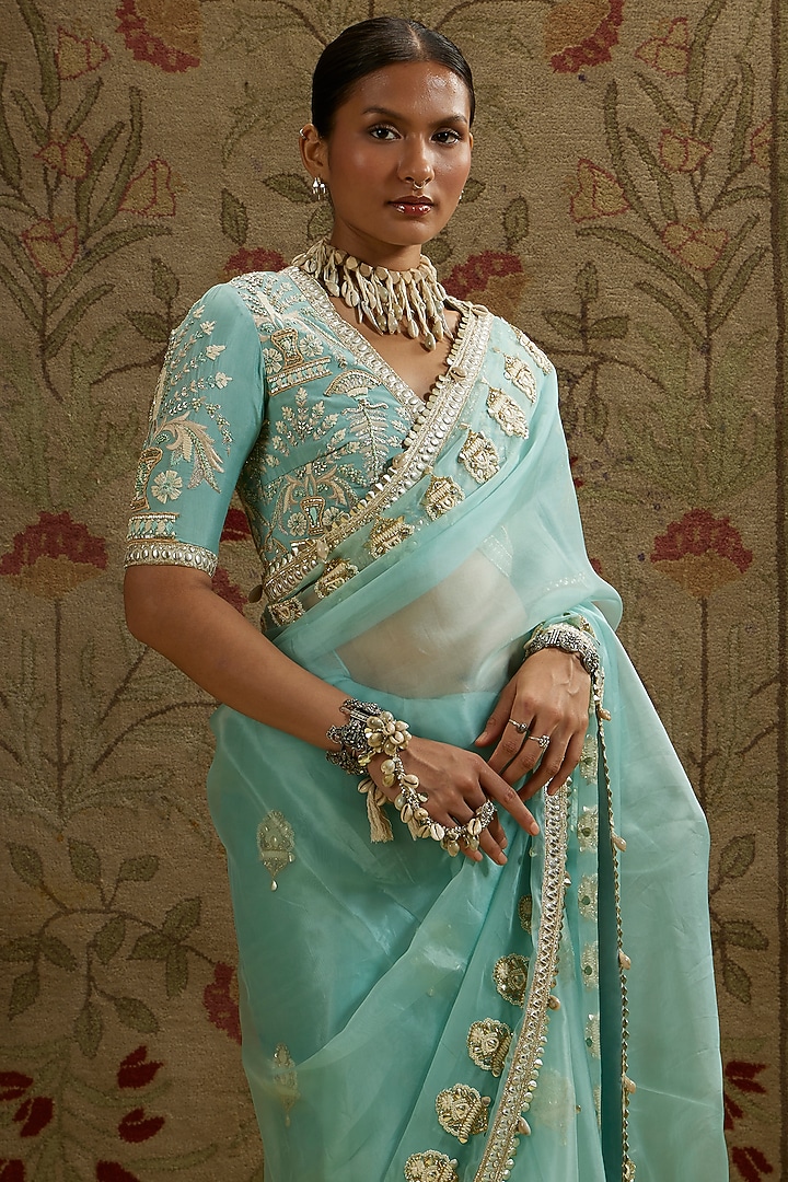 Blue Organza Embellished Reception Saree Set by SVA BY SONAM & PARAS MODI at Pernia's Pop Up Shop