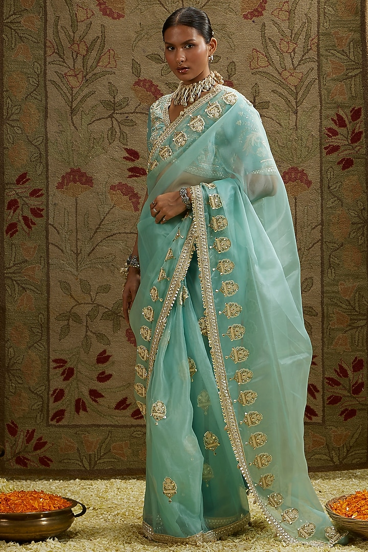 Blue Organza Embellished Reception Saree Set by SVA BY SONAM & PARAS MODI at Pernia's Pop Up Shop