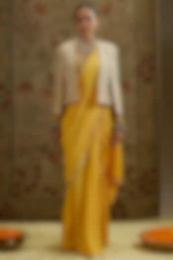 Dandelion Yellow Silk Embellished Cascade Jacket Saree Set by SVA BY SONAM & PARAS MODI at Pernia's Pop Up Shop