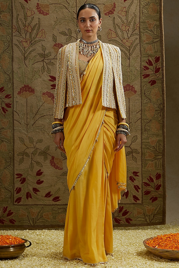 Dandelion Yellow Silk Embellished Cascade Jacket Saree Set by SVA BY SONAM & PARAS MODI at Pernia's Pop Up Shop