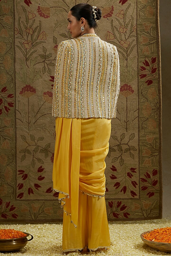 Dandelion Yellow Silk Embellished Cascade Jacket Reception Saree Set by SVA BY SONAM & PARAS MODI at Pernia's Pop Up Shop