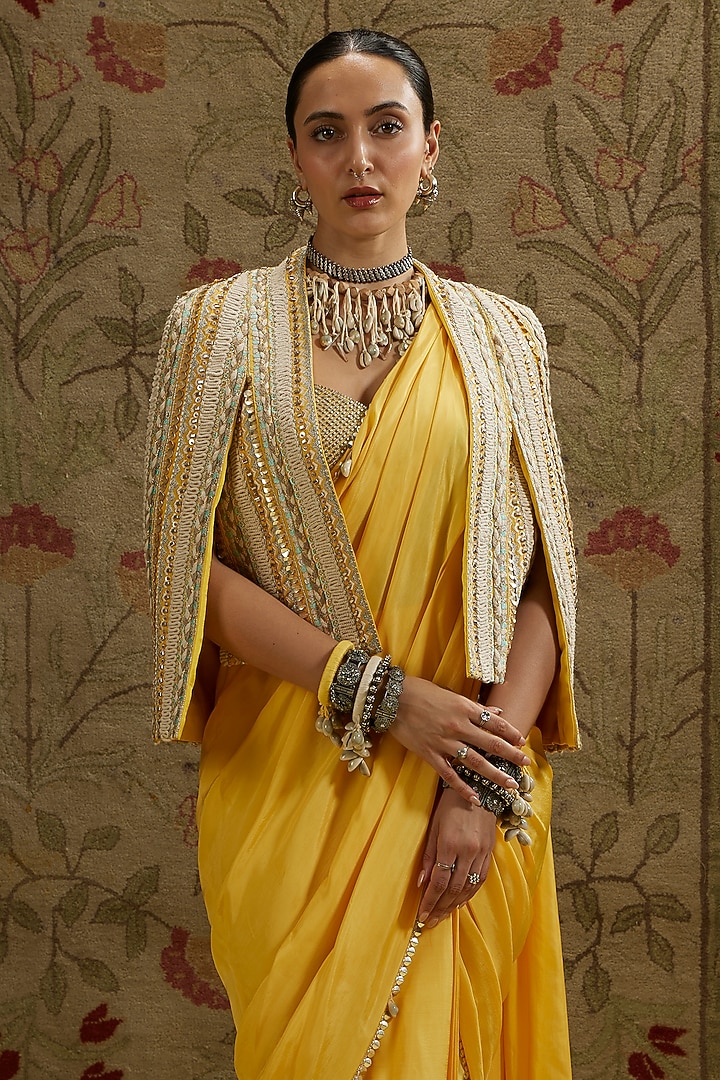 Dandelion Yellow Silk Embellished Cascade Jacket Reception Saree Set by SVA BY SONAM & PARAS MODI at Pernia's Pop Up Shop