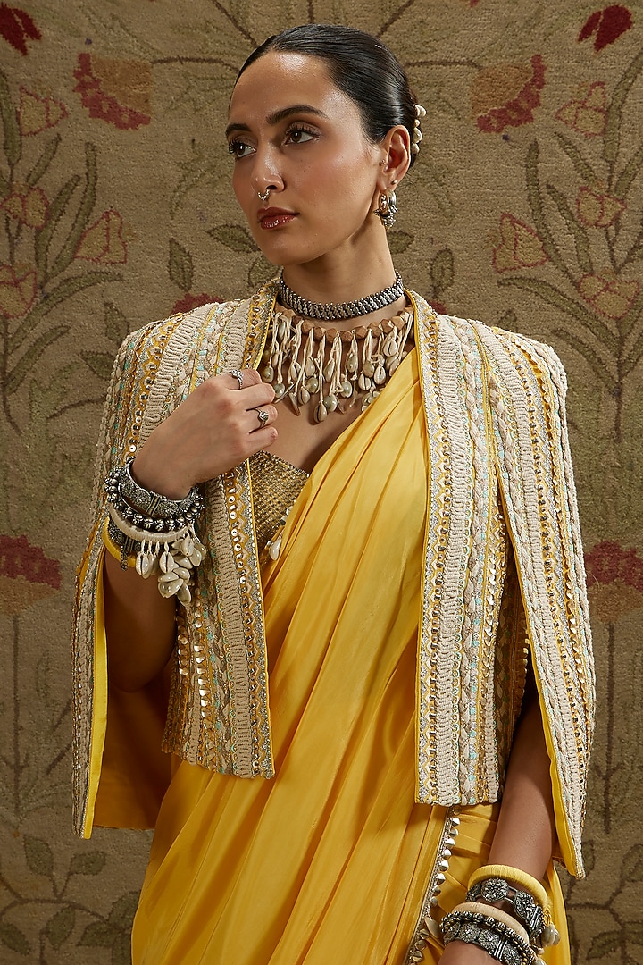 Dandelion Yellow Silk Embellished Cascade Jacket Reception Saree Set by SVA BY SONAM & PARAS MODI at Pernia's Pop Up Shop
