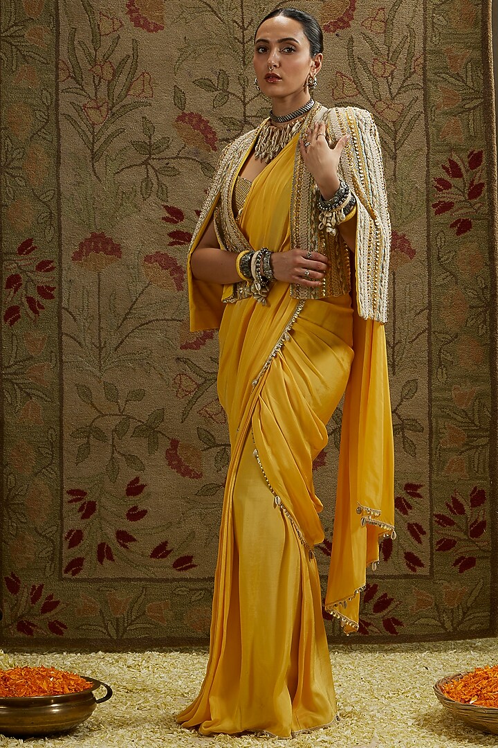 Dandelion Yellow Silk Embellished Cascade Jacket Reception Saree Set by SVA BY SONAM & PARAS MODI at Pernia's Pop Up Shop