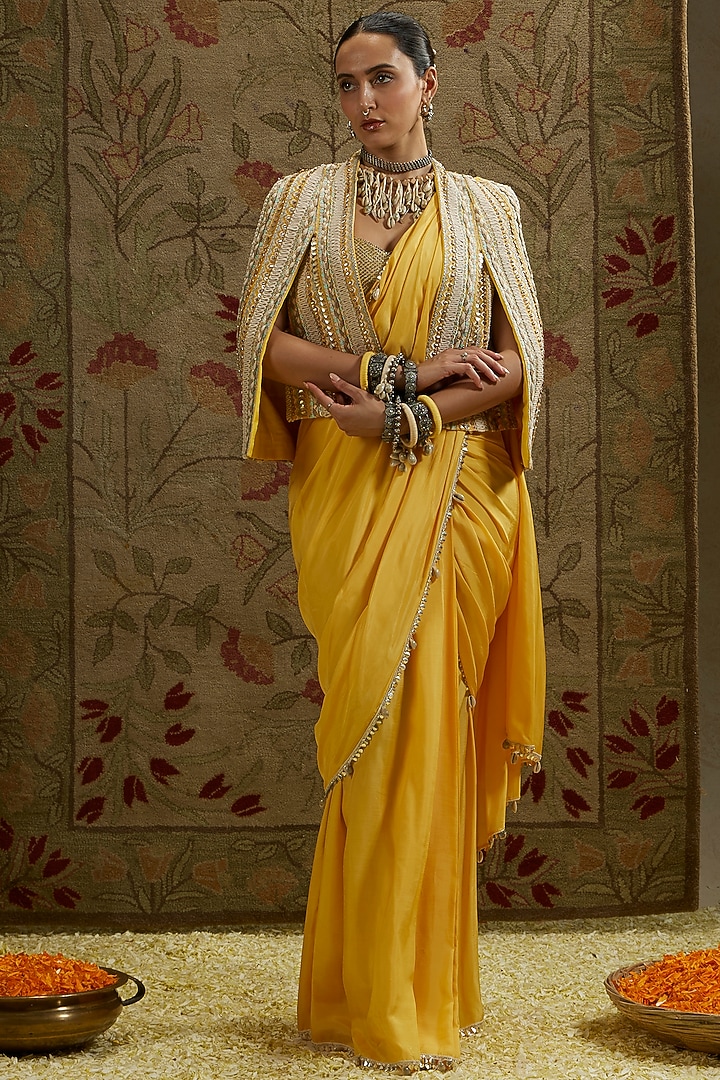 Dandelion Yellow Silk Embellished Cascade Jacket Reception Saree Set by SVA BY SONAM & PARAS MODI at Pernia's Pop Up Shop