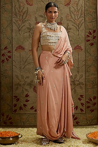 Pink Crepe Embellished Draped Saree Set by SVA BY SONAM & PARAS MODI