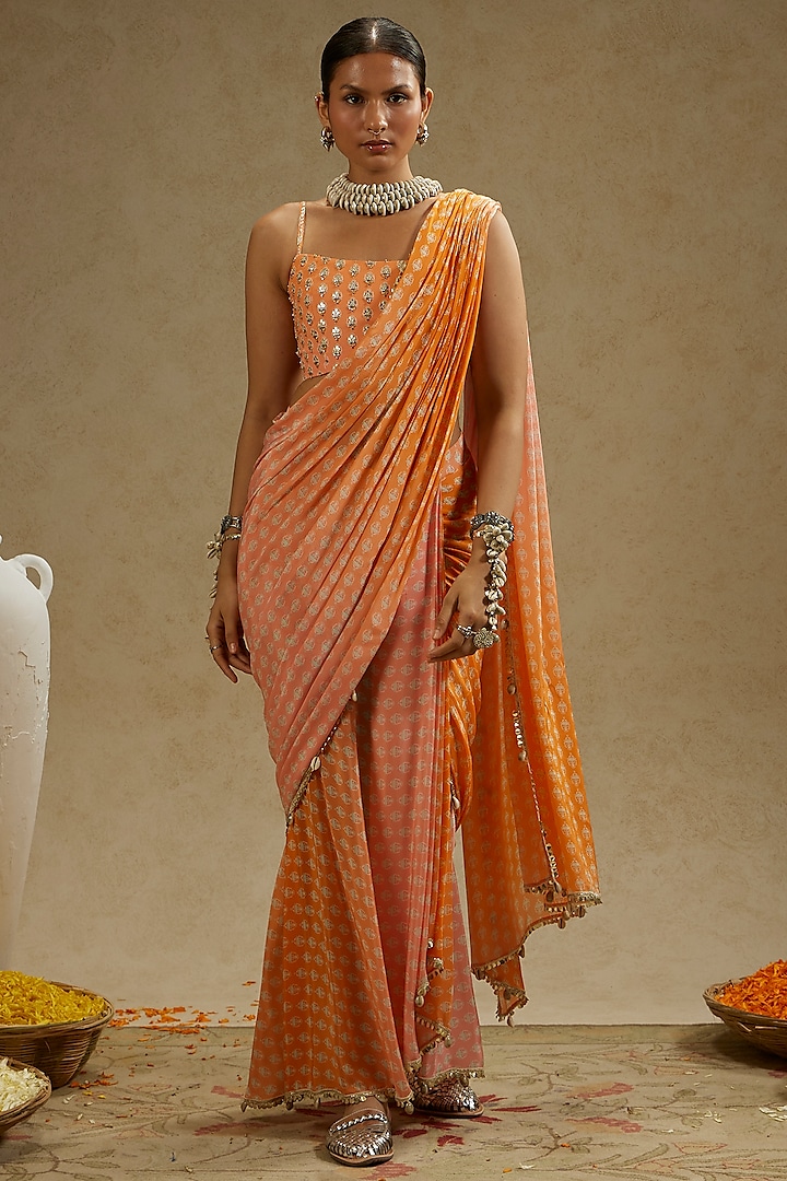 Orange & Pink Crepe Printed Cascade Ombre Saree Set by SVA BY SONAM & PARAS MODI at Pernia's Pop Up Shop