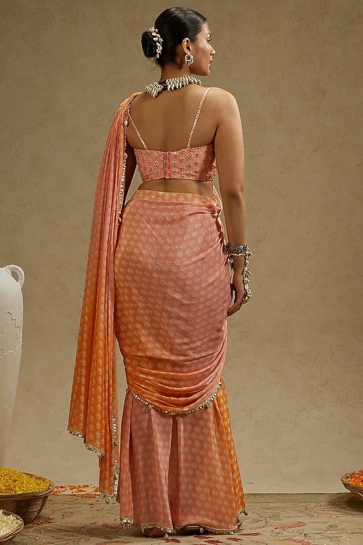 Orange & Pink Crepe Printed Cascade Ombre Wedding Saree Set by SVA BY SONAM & PARAS MODI at Pernia's Pop Up Shop